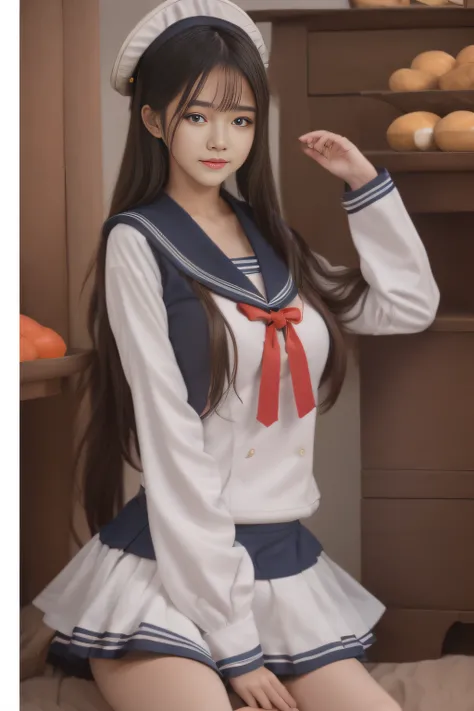 A girl，年轻，Black color hair，horse tailed，a sailor suit,best qualtiy，best illuminate，Highest high resolution，16k，Meticulous details，full body shot shot,realisticlying,aboard,The bust is huge,full bodyesbian,sockes