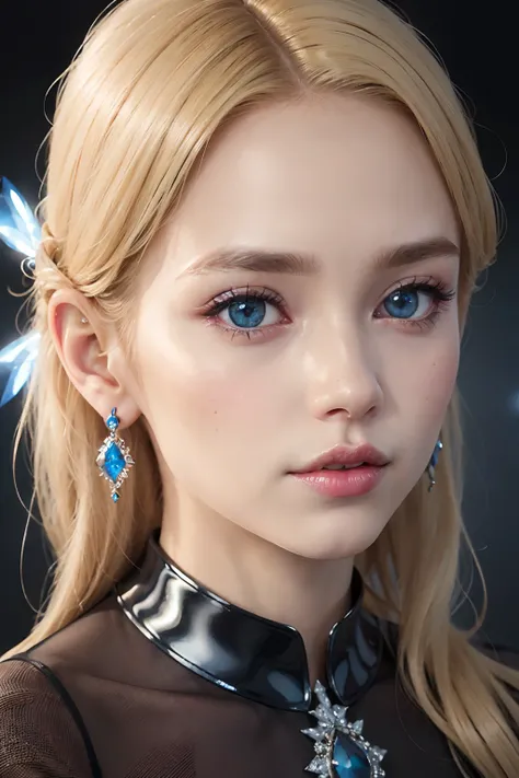 Very beautiful princess bright eyes blonde hair jowlery super detailed face portrait zoom glowing crystal eyes hyper realistic masterpiece dramatic lighting Blue and red