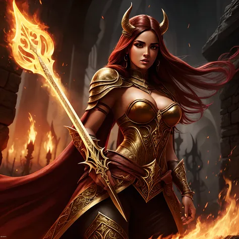 mulher elfa infernal, sexy, pele clara, linda, cabelos vermelhos, olhos amarelos roupa preta, brilho, hiperrealista, concept art, medieval, epic, fantasia, guerreira, maligna, chamas,  labaredas, inferno 2.5d cgi