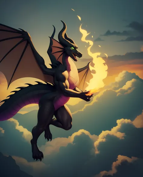 maleficent, scalie, dragon, floating, black body, flying, solo, (best quality), (flying sky dark green fire clouds background:1.2), chest armor, dramatic lighting, (detailed scales:1.1), looking at viewer, tail, open mouth, wings, fingers, feet,