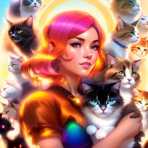 a woman holding a cat surrounded by many cats, beeple and jeremiah ketner, jen bartel, by jeremiah ketner, artgerm and atey ghai...