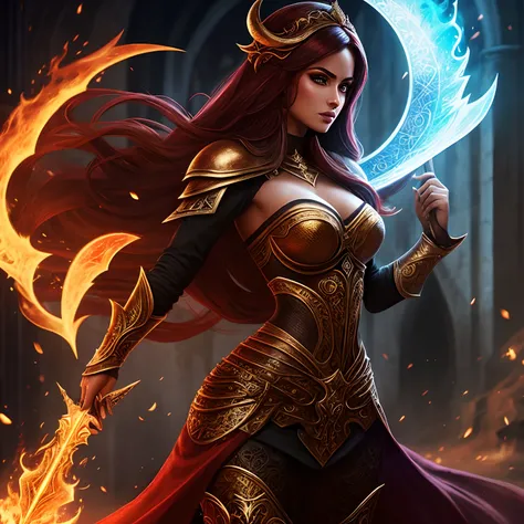 mulher elfa infernal, sexy, pele clara, linda, cabelos vermelhos, olhos amarelos roupa preta, brilho, hiperrealista, concept art, medieval, epic, fantasia, guerreira, maligna, chamas,  labaredas, inferno 2.5d cgi