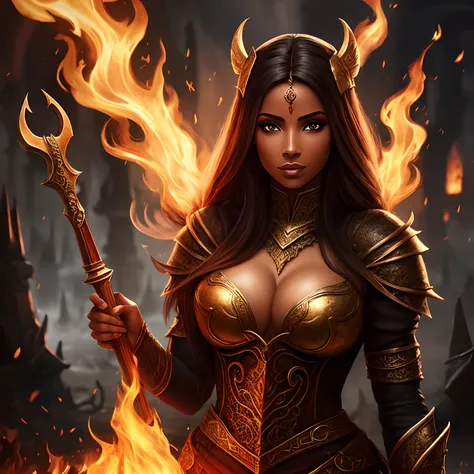 mulher elfa infernal, sexy, pele clara, linda, cabelos vermelhos, olhos amarelos, orelhas elficas, roupa preta, brilho, hiperrealista, concept art, medieval, epic, fantasia, guerreira, maligna, chamas,  labaredas, inferno 2.5d cgi