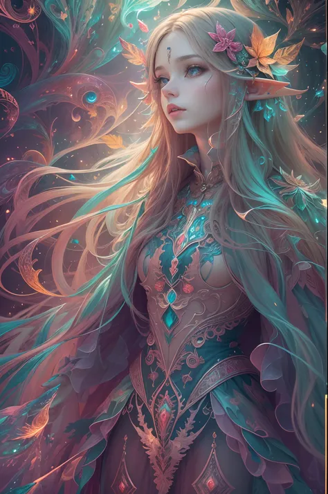 (masterpiece, top quality, best quality, official art, beautiful and aesthetic:1.2), (1 Elf girl), extremely detailed, long shapeless hair, (fractal art:1.3),colorful,highest detail, cinematic lighting.