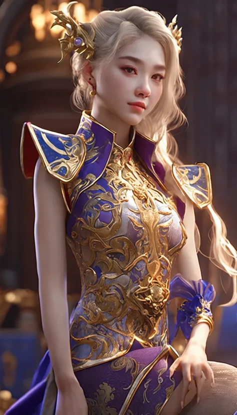 short blonde hair, Sleeveless purple cheongsam with deep slit, Shiny shoulder armor on the shoulders, Gorgeous gold embroidery on cheongsam, Glossy leg guard on bare feet with exposed thighs, Blue Left Eye Dragon Emblem, Golden right eye, Gold tip of magic...