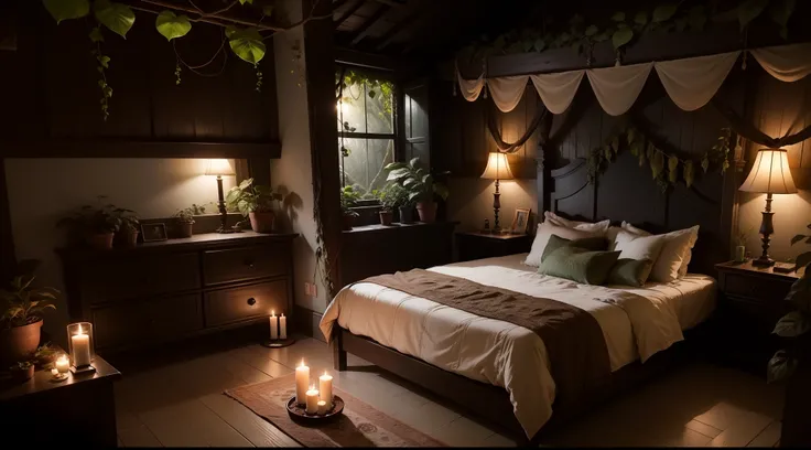 Night in the dark jungle、Mysterious ivy-covered house、Rustic bed in room、Nature-inspired interiors、Earth-toned bedding、Candles relax、fantastic、very realistic, photography, Super Detail, High details, high quality, in 8K