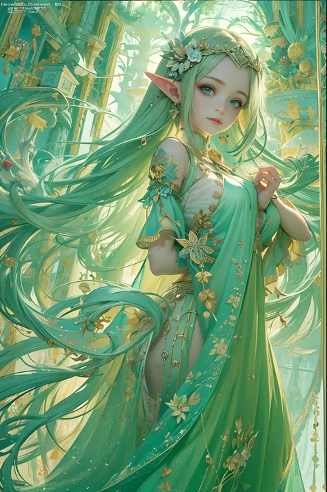 (masterpiece, top quality, best quality, official art, beautiful and aesthetic:1.2), (1 Elf girl), extremely detailed, long shapeless hair, (fractal art:1.3),colorful, cinematic lighting.