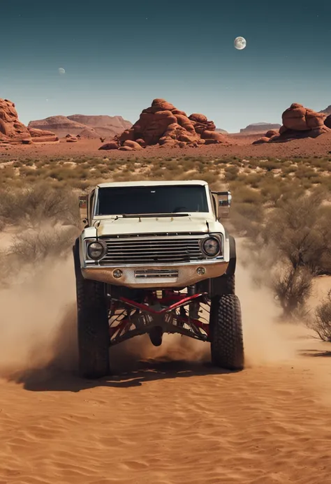 em deserto esteril, ha uma festa com carros esportivos e dinheiro voando e a lua com formato de diamente