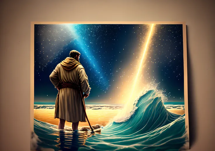 Create a photorealistic scene depicting the biblical account of Noah separating from the sea using a staff. Portraying Noah standing at the waters edge, holding a stick high above his head, enquanto ondas imponentes se separavam de ambos os lados dele. Cap...