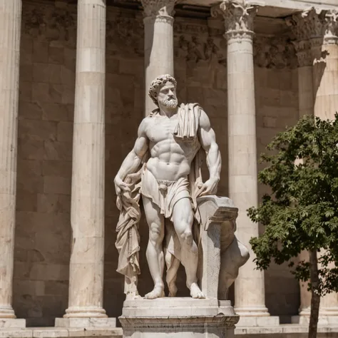 Capture an inspiring photograph of an empowered Greek marble statue resembling a muscular deity, such as Marcus Aurelius and Seneca. The statue should exude strength and wisdom. Set against a backdrop of Greek architectural marvels like majestic columns, t...