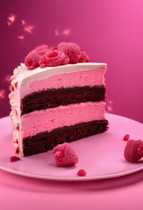 Make a cake
 Chocolate cake
 Pink background, solid color, only the pink background color
This cake is cut with the slice on the plate next to it
Ultra realistic photo, qualidade 8k, fullhd