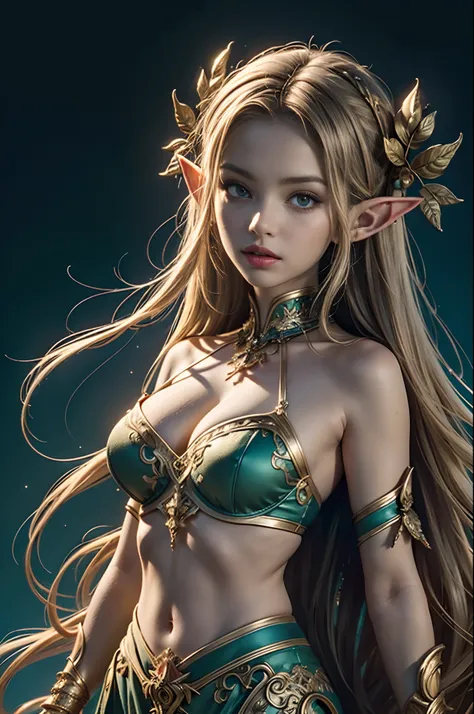 (masterpiece, top quality, best quality, official art, beautiful and aesthetic:1.2), (1 Elf girl), extremely detailed, long shapeless hair, (fractal art:1.3),colorful,highest detail, cinematic lighting, elven city background.