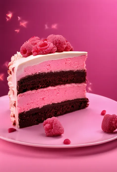 Make a cake
 Chocolate cake
 Pink background, solid color, only the pink background color
This cake is cut with the slice on the plate next to it
Ultra realistic photo, qualidade 8k, fullhd