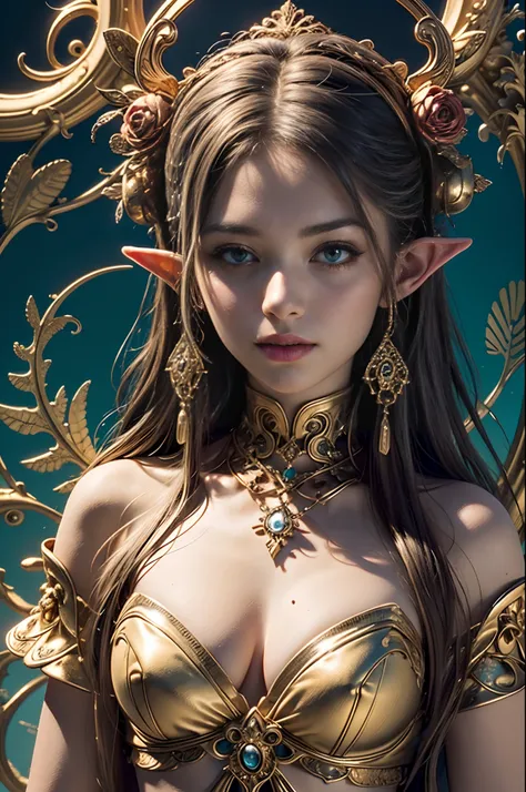 (masterpiece, top quality, best quality, official art, beautiful and aesthetic:1.2), (1 Elf girl), extremely detailed, long shapeless hair, (fractal art:1.3),colorful,highest detail, cinematic lighting, elven city background.