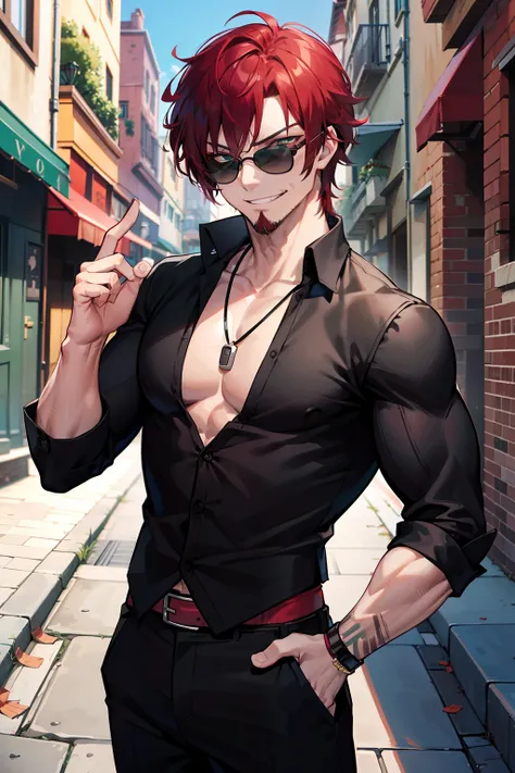 sly grin, winking at the camera, muscular athletic man with slick dark red hair, dark red goatee, green eyes, opened black button shirt, exposed chest, wolf tooth necklace, Burgundy pants, wearing sunglasses, standing confidently in an alley