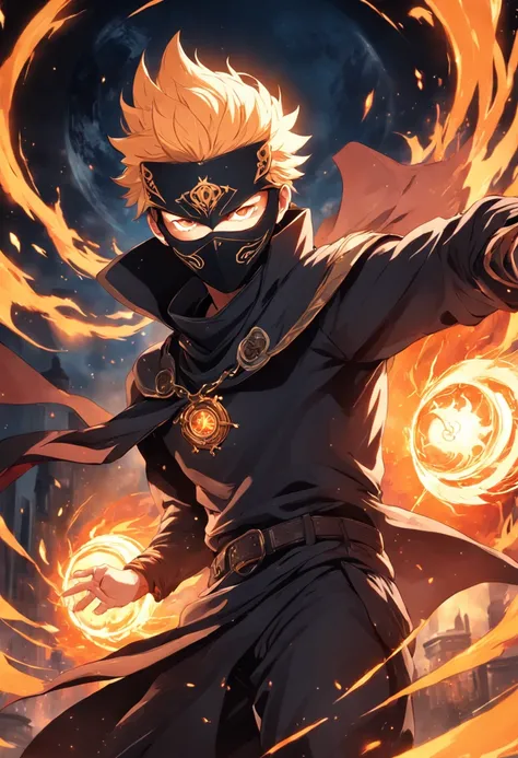 "(Best quality), ((masterpiece)), (detailed), a skilled male thief swiftly dashing in dark attire, cleverly masked, evading capture as he disappears through a radiant solar portal blazing with fiery intensity."