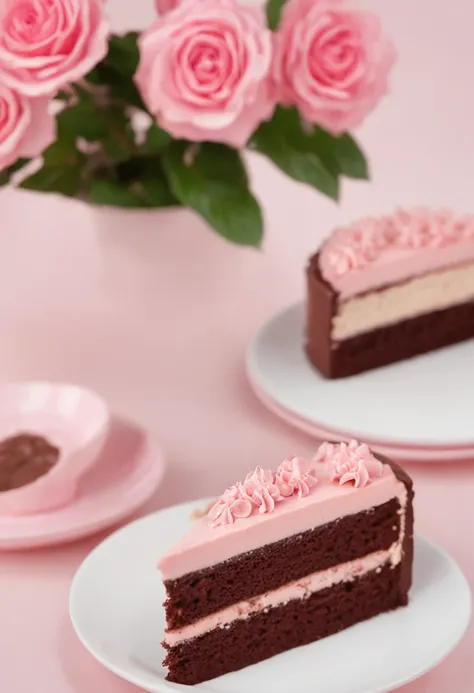 Make a cake
 Chocolate cake
 Pink background, solid color, only the pink background color
This cake is cut with the slice on the plate next to it
Ultra realistic photo, qualidade 8k, fullhd