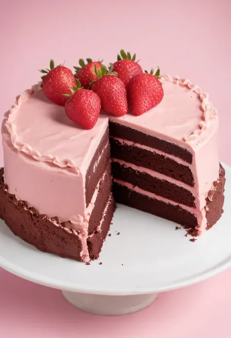 Make a cake
 Chocolate cake
 Pink background, solid color, only the pink background color
This cake is cut with the slice on the plate next to it
Ultra realistic photo, qualidade 8k, fullhd