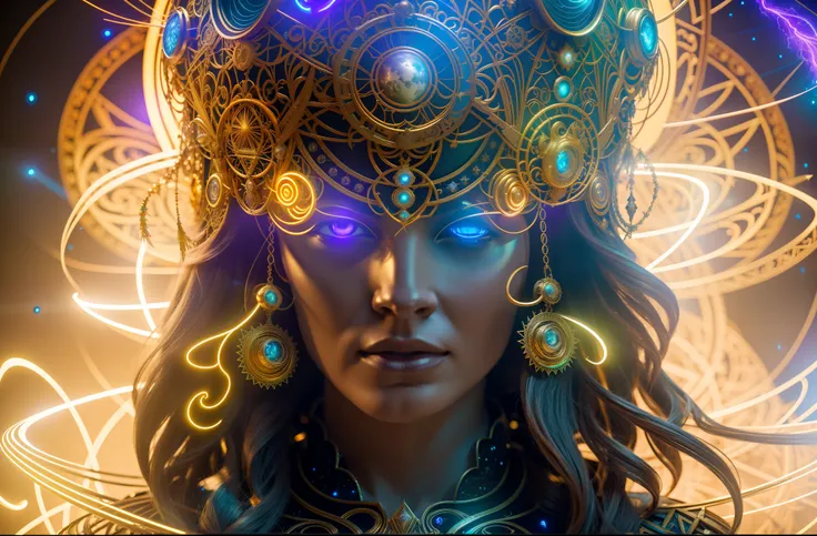 Algorithmically enhanced random close-up view of a sublime female Goddess covered in powerful Ultra Arcane magic sigils wearing an intricate living lightning fractal crown and lavishly adorned attire reflecting tactical sun-motes and diamond moon shards, q...