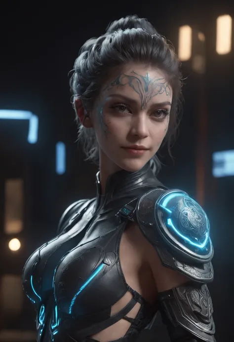 Personaje celeste, Super fine photo, imagen realista de cuerpo completo Unreal Engine 5 8K UHD, hembra, Armadura de esquema de color blanco y negro, neon luces,Detalles, Detalles del tatuaje cian, Vestido transparente y pauldron, Casco integral, Four tenta...