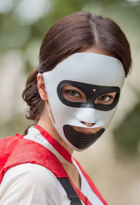 autoretrato de Uma mulher, master part, extremamente detalhado, melhor qualidade, com traje de kung fu, (((use of eye protection mask of the face))), red color mask, extremamente detalhado, como Rua Sasha. (8k, qualidade superior, melhor qualidade, obra-pr...