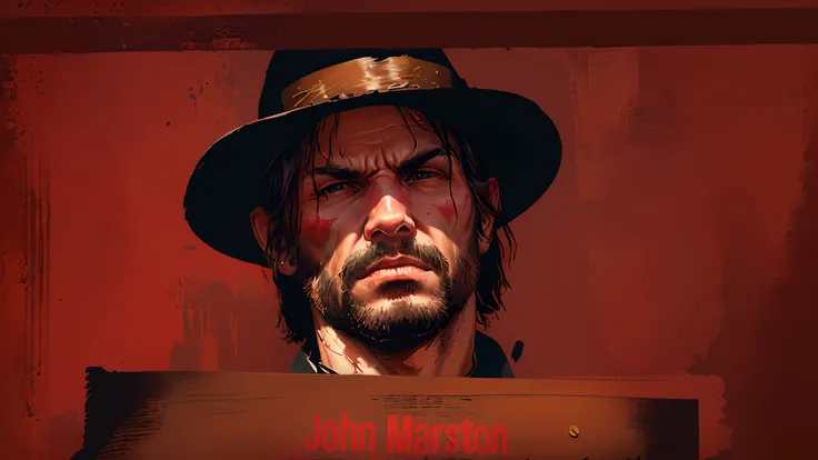 R3DD34Dstyle, digital portrait,  john marston, facial hair, cowboy hat, vest, patronage, red background