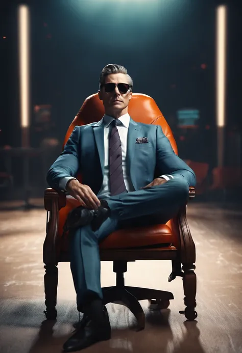 "Hyper-realistic 4k illustration of a stylish businessman in a suit with a cool brain wearing sunglasses as the face, sitting on a sleek chair."