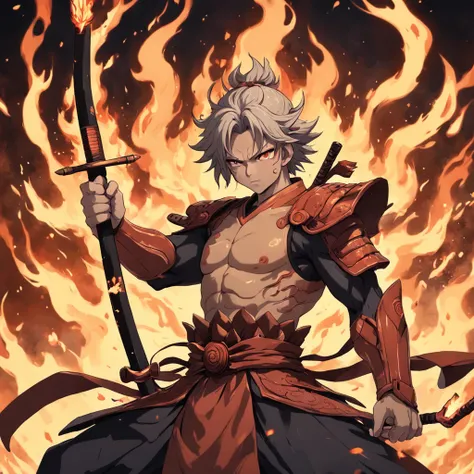 I want to draw Fudo Meioh, Ming King of Buddhism, With a touch like an old samurai。Surrounded by flames、Flames covered mainly with human parts。Armored pocket holding bow and arrow in hand