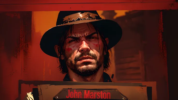 R3DD34Dstyle, digital portrait,  john marston, facial hair, cowboy hat, vest, patronage, red background