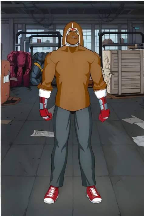 desenhos animados de um homem em um capuz marrom, with cyberpunk iron arms and red shoes, tiro de corpo inteiro, , In comic book character style, villain style of comic book