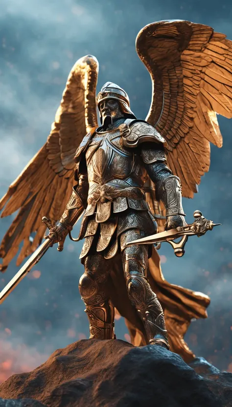 Create an image that represents St. Michael as a protector and guardian.
Put St. Michael in a defensive position, with a surveillance posture.
Add symbolic protection elements, como um escudo ou armadura.