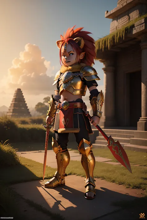 one realistic battle worn armor 3D Cartoon CGI Child sized Lion humanoid with red fur with small cinder flames, Golden warrior armor, dual wielding two swords on fire, standing in the center of a densely vegetated jungle path, there are Mayan styled temple...