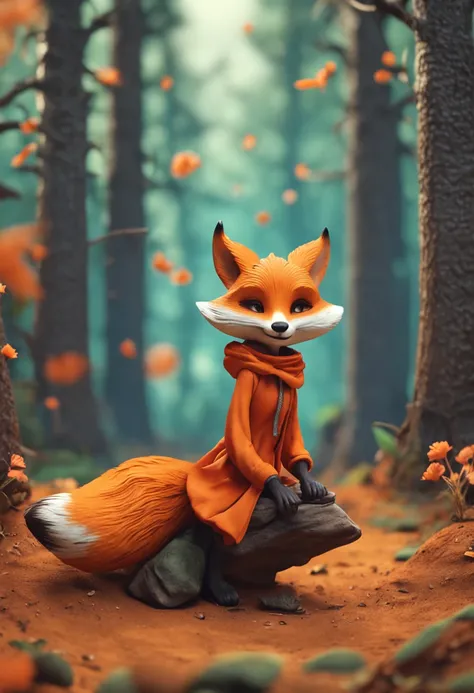 nature theme, a female fox with an orange T-shirt and an orange skirt, and with cute fox ears