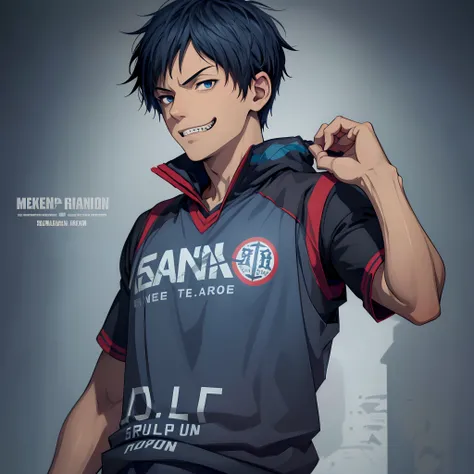 (8k wallpaper:1.2),(Ultra-high resolution:1.2),(masterpiece:1.1),wallpaper,High quality,masterpiece,(High detail),1boy,solo,eye glare,dark blue eyes, sweating, steam coming from the body, messy short hair,dark blue hair, wearing black and red basketball ve...