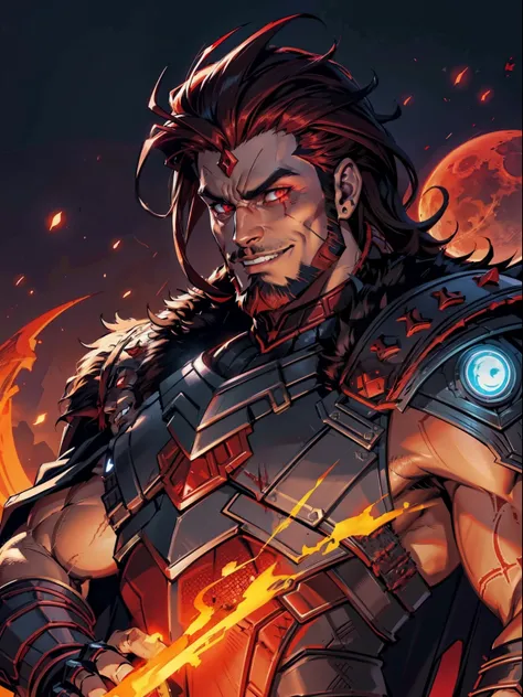 Dark night blood moon background, Hades style, game portrait, Sadurang from Marvel, hunk, buffed physics, short mane hair, mullet, defined face, detailed eyes, short beard, glowing red eyes, dark hair, wily smile, badass, dangerous, wearing armor set of re...