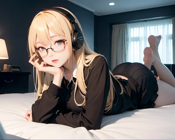 top-quality、​masterpiece、Photo Real、8K、4K、Ultimate Resolution、超A high resolution、Dynamic lighting、Real Lighting、turning off lights、Pitch black room、blue lights、Midnight Room、Turn off the lights in the room、Smartphone Light、 Girl with headphones and glasses...