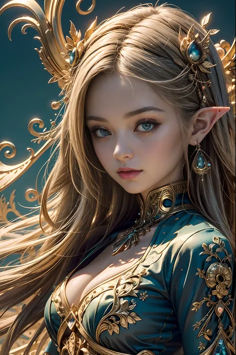 (masterpiece, top quality, best quality, official art, beautiful and aesthetic:1.2), (1 Elf girl), extremely detailed, long shapeless hair, (fractal art:1.3),colorful,highest detail, cinematic lighting, elven city background.