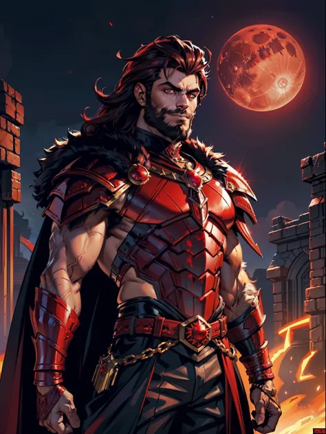 Dark night blood moon background, Hades style, game portrait, Sadurang from Marvel, hunk, buffed physics, short mane hair, mullet, defined face, detailed eyes, short beard, glowing red eyes, dark hair, wily smile, badass, dangerous, wearing armor set of re...