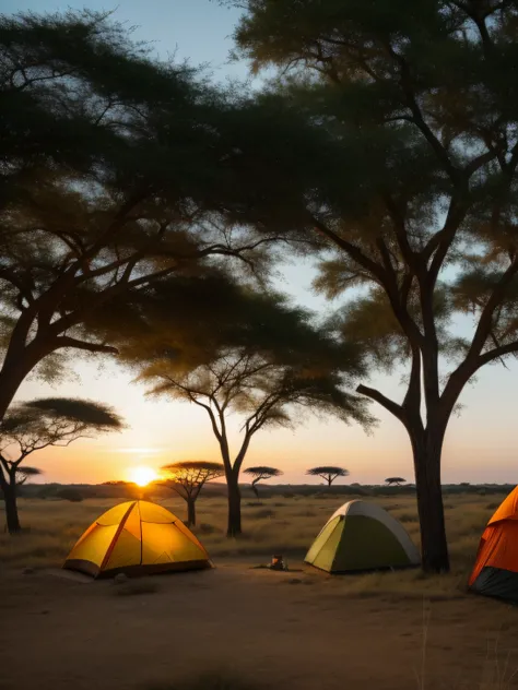 a campsite on an african savanah with some friends