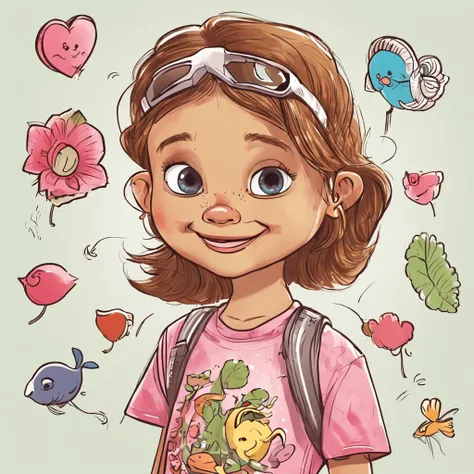 "Por favor, Create an illustration of an adventurous 6-year-old girl for a childrens book in various poses and white background. The character is a blonde girl with straight hair and thin face features, que atingem a altura dos ombros. Her hair is stuck in...