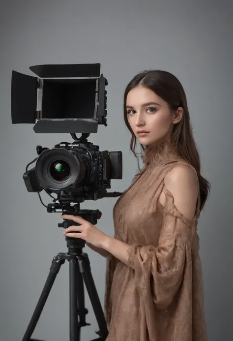 A woman sitting next to a table with sophisticated state-of-the-art equipment, mesa de som, Mesa VideoMaker Studio, Estilo Android, girl in studio, 8 mil, Non-cyber-punk style costume