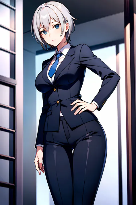 masutepiece, Best Quality, girl, Grey Hair, Short hair, Blue eyes, medium breasts, Office Lady, neck tie, Black Suit, pant suit, put hands on the hip, Outdoors, thighs thighs thighs thighs, breasts, From below