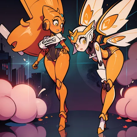 full body, back view, helmet, beautiful Mecha robot girl, a orange robot woman with fairy wings, HUGE orange boobs, a gray face, puffy orange lips, helmet, standing next to a futuristic luxury car, amazing design, poster design, creative, cartoon-style ima...