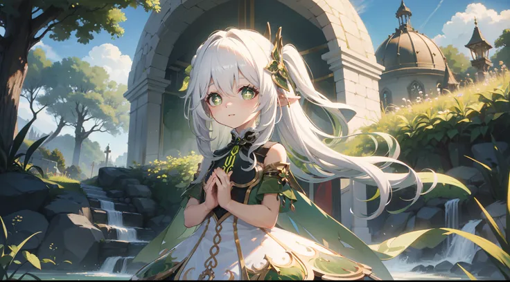 Nahida_Genshin,(White hair),cross-shaped pupils,default_dress,Green cape,Outdoor background，life，God of grass and trees，"White dome"，Put hands together andpray