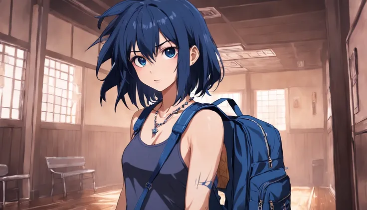 20 year old, sweaty female bully gym outfit, navy blue hair gothic, in living room, looking at viewer in disgust, spiky necklace, carrying heavy bookbag