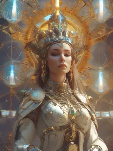 Algorithmically enhanced random close-up view of a sublime female Goddess covered in powerful Ultra Arcane magic sigils wearing an intricate living lightning fractal crown and lavishly adorned attire reflecting tactical sun-motes and diamond moon shards, q...