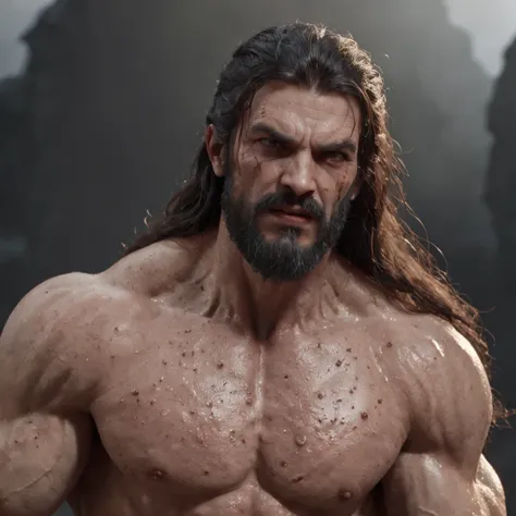 (professional 3d render:1.3) af (Realistic:1.3) most beautiful artwork photo in the world，Features soft and shiny male heroes, ((Epic hero fantasy muscle man rough wet hero angry looking long hair short beard and ferocious expression in dynamic pose, Fanta...