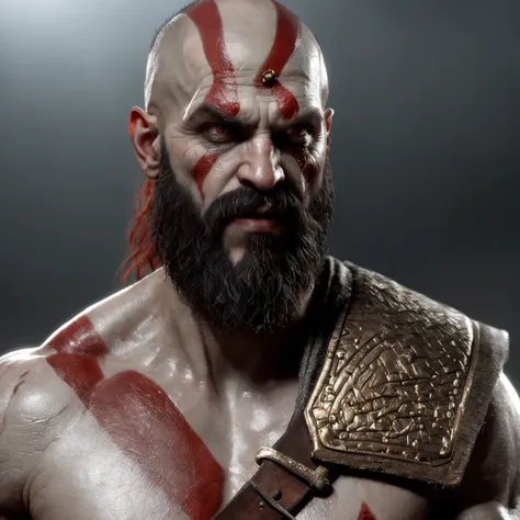 Kratos Berserker armadura de ouro (Professional 3D rendering:1.3) de (Realistic:1.3) foto de arte mais bonita do mundo，soft features, brilliant male heroes, ((Epic hero rough fantasy muscular man wet hero angry look long hair short beard and fierce express...