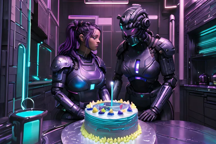 Immerse yourself in a distant future where a futuristic mother and her cybernetic daughter are gathered behind a kitchen counter, (((engaged in the creation of a birthday cake))). The flour is spread generously on the countertop, acompanhado por uma tigela...