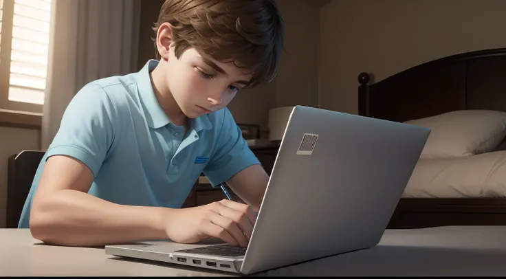 A beautiful boy tommy working on laptop on computer table in his room.  Very high detail face and room. 8k ultra HD image. Hyper Realistic.